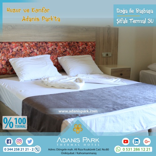 ADANİSPARK TERMAL OTEL
www.adanispark.com 
Tel: 0 344 258 21 22
Mobil ve Whatsapp: 0 531 286 12 21

*TERMAL SUYUN FAYDALARI*
Romatizmal hastalıkların kronik dönemleri, Osteoartrit gibi eklem hastalıkları, Kireçlenmeler, Osteoporoz, Fibromiyalji (Kul