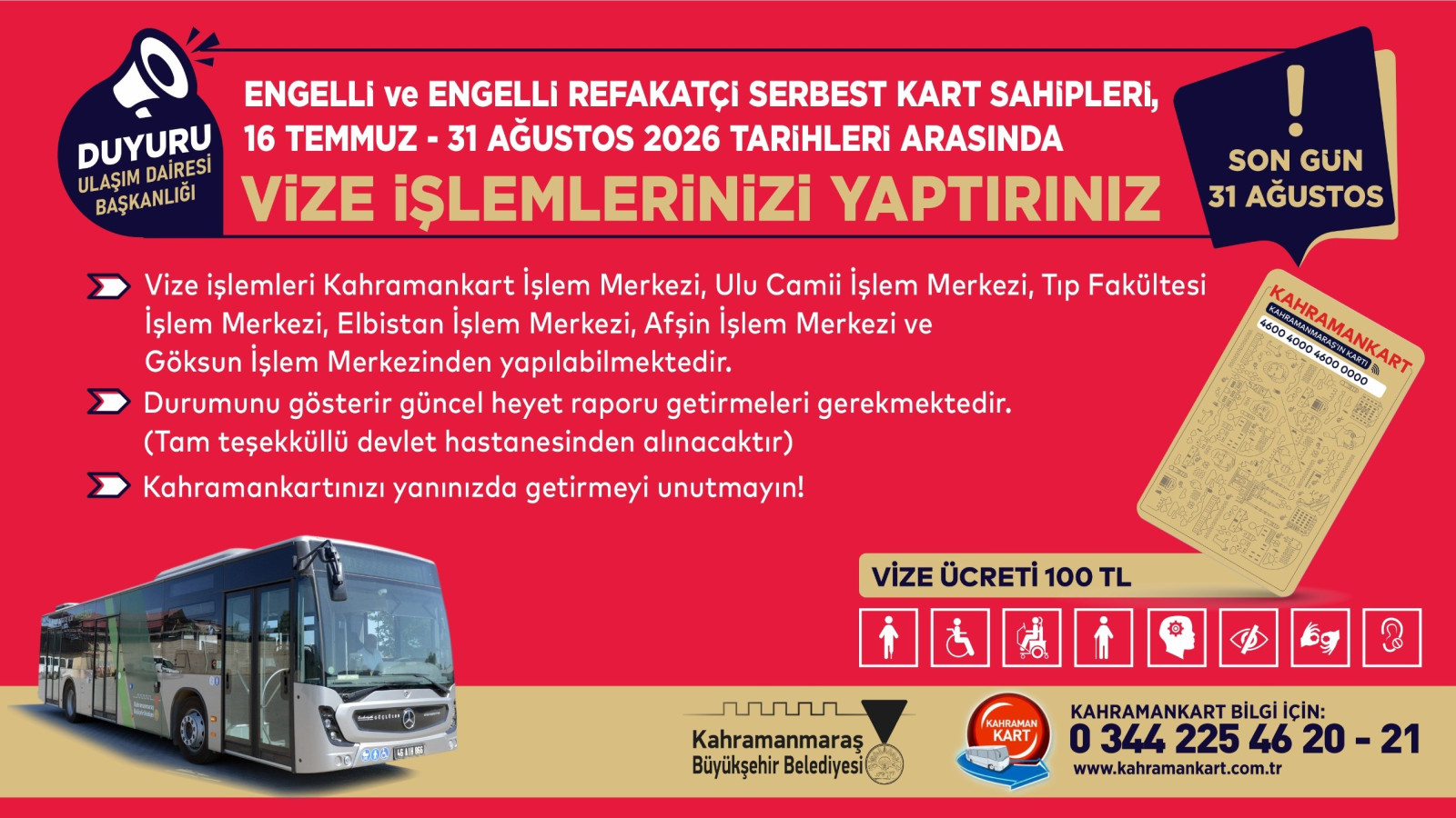 Engelli ve Engelli Refakatçi Serbest Kartlarında Vize Yenileme Dönemi Başladı